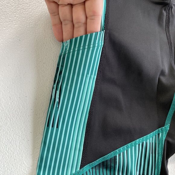 ASICS D1 Leggings Womens XS Athletic Side Pockets Black Green Stripes Activewear - Picture 2 of 11